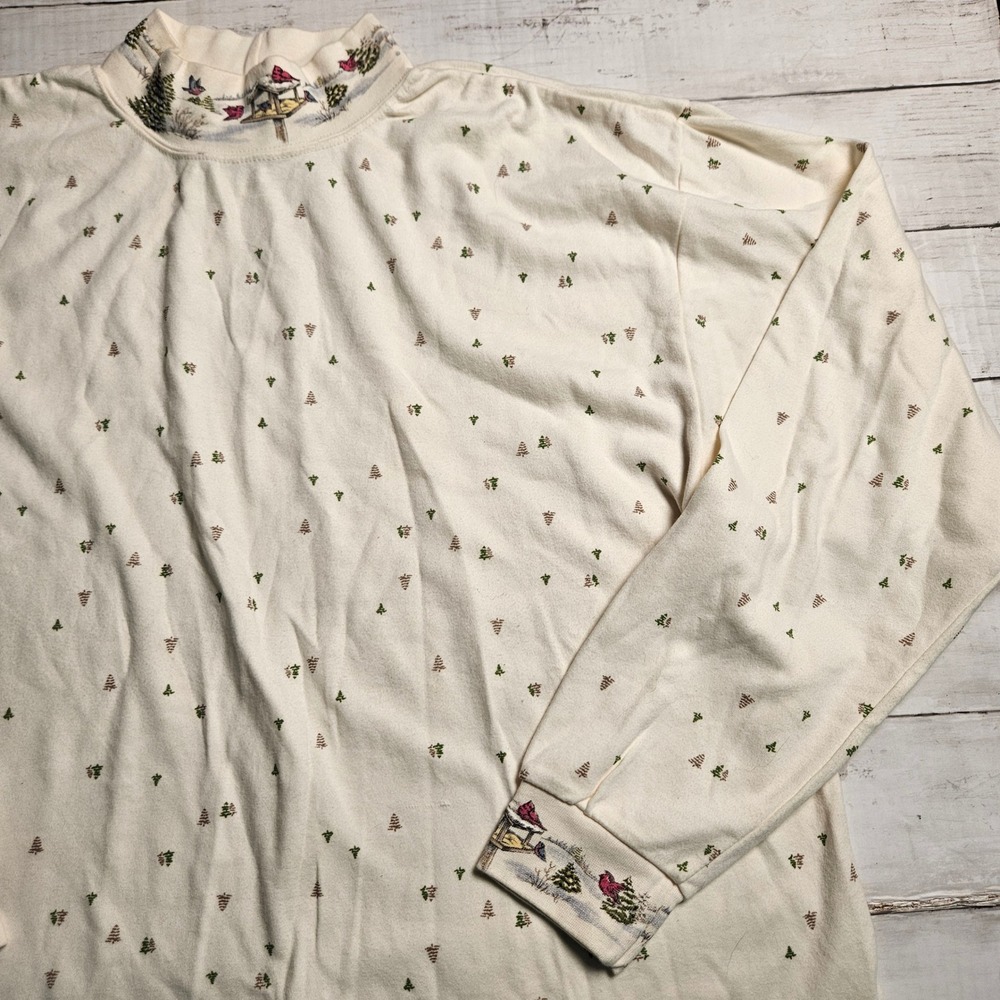 Northern Reflections Vintage Cardinals Winter Mock Neck Top Cream XL Trees Birds